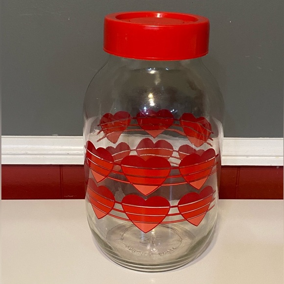 Vintage 80s Carlton Luminarc Glass Striped Hearts Canister Jar & Mugs Set - Picture 4 of 5